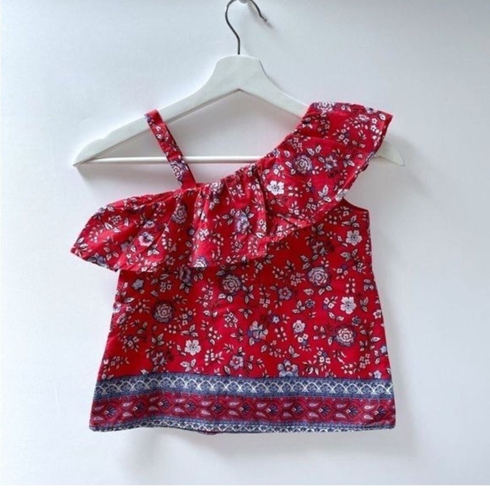 Janie & Jack Girls One Shoulder Floral Top Size 6 Red Ruffle Cotton Blouse - Picture 2 of 7